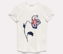 Geripptes T-Shirt mit floraler Stickerei