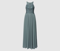 Abendkleid mit floralen Stickereien und Ziersteinen