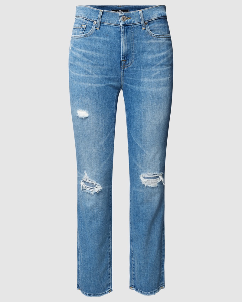 7 for all mankind Damen Straight Fit Cropped Jeans mit Destroyed-Effekten