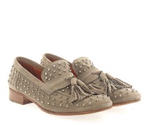 Women Tassel Loafers 2002 suede taupe rivets silver