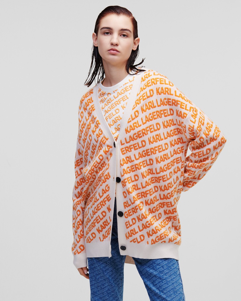 Karl Lagerfeld Damen Strickjacke mit Karl-logo Frau Off White/orange