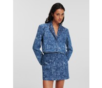 Kurze Jeansjacke, inspiriert Von Karls Skizzenbuch, Frau, mit Skizzen Bedruckter Denim