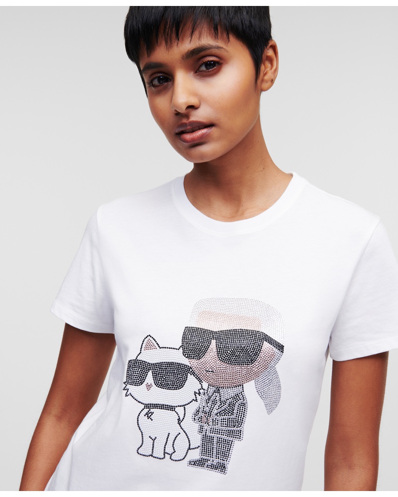 Karl Lagerfeld Damen Karl Ikonik -karl-&-choupette-t-shirt mit Strass Frau Weiss