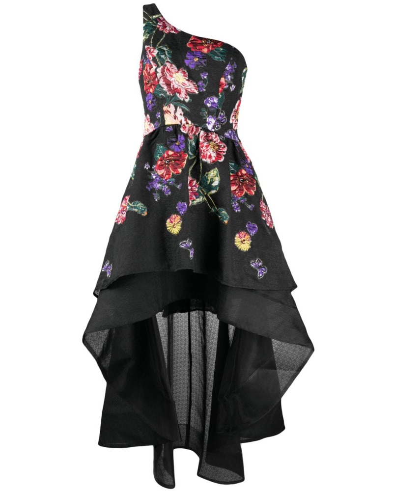 Marchesa Damen Besticktes One-Shoulder-Kleid Schwarz