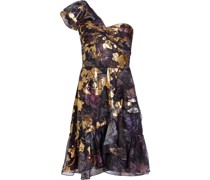 Gerüschtes Midikleid mit Blumen-Print - Schwarz