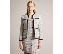 Kragenlose Boucle-Jacke mit Hahnentrittmuster in Weiß, Lyrra