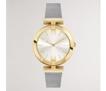 Armbanduhr mit Metallnetzarmband und T-Detail in Gold, Darbiey, Leder