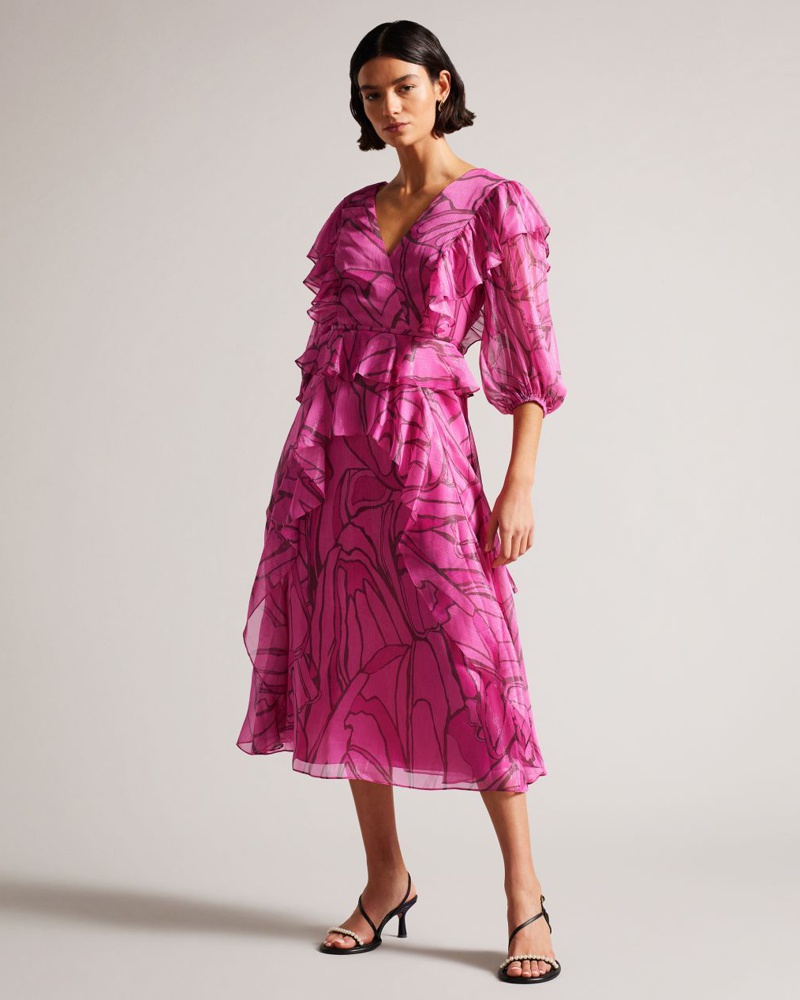 Ted Baker Damen Midikleid mit Schnürtaille in Hellrosa Victoir