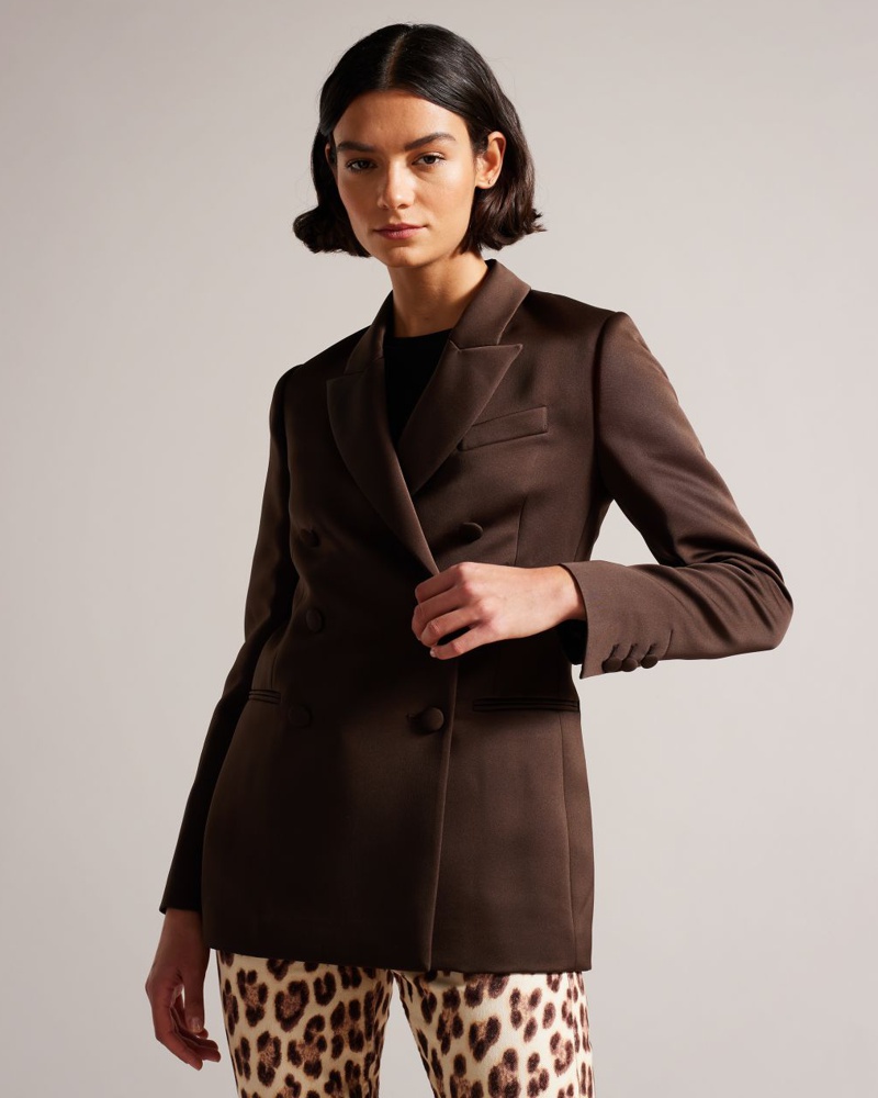 Ted Baker Damen Doppelreihiger Satin-Blazer im Boyfriend-Schnitt in Dunkelbraun Seraph