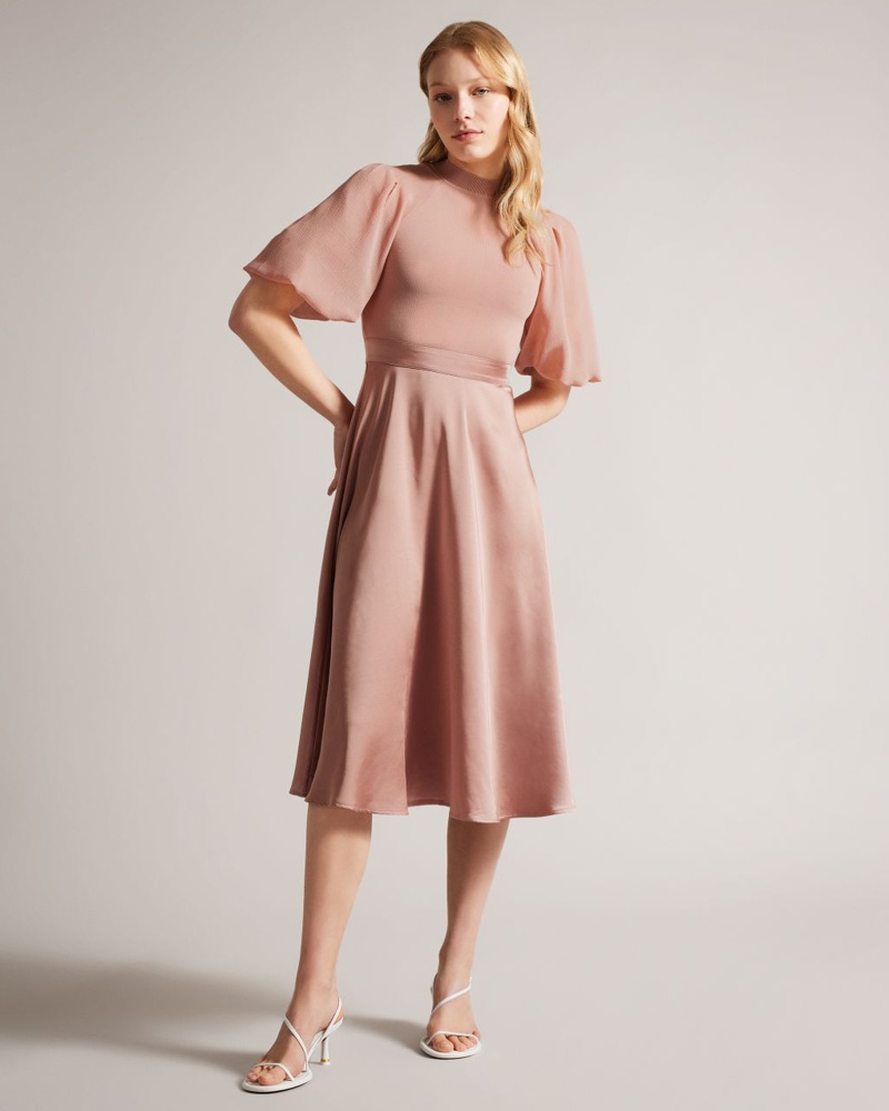Ted Baker Damen Midikleid mit Puffärmeln in Altrosa Brontei