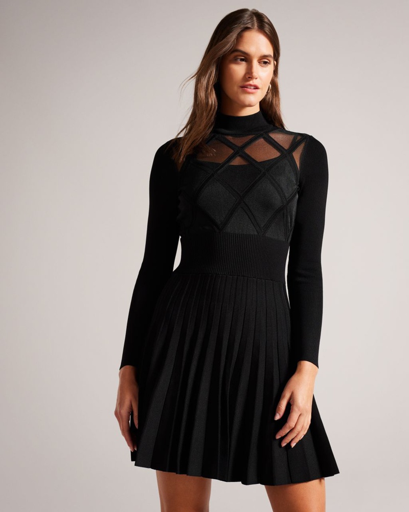 Ted Baker Damen Semi-Transparentes Skaterkleid mit Argylemuster in Schwarz Fyonah