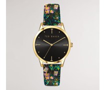 Armbanduhr mit Skizziertem Magnoliendetail in Schwarz, Poppies, Leder