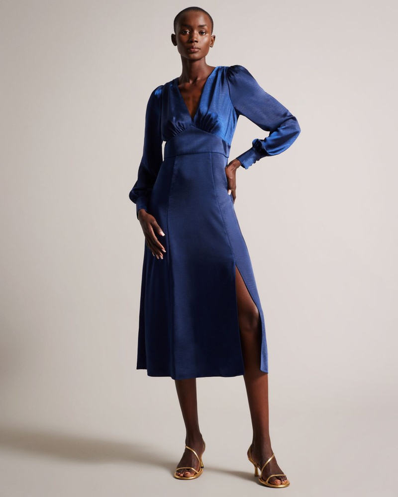 Ted Baker Damen Midikleid Mi Blousonärmeln aus Satin in Dunkelblau Daniia
