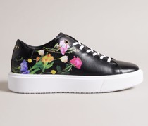 Bedruckte Platform-Sneaker mit Blumenmuster in Schwarz, Lorayy, Leder