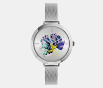 Armbanduhr mit Blumenmuster in Silber, Popss