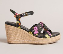 Keil-Sandaletten mit Blumendetails in Schwarz, Cardima, Baumwolle
