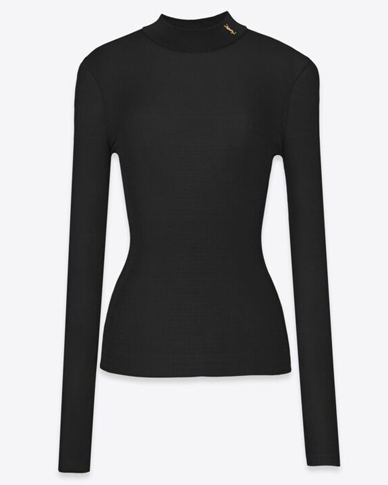 Saint Laurent Damen Gerippter Pullover aus Seide Schwarz