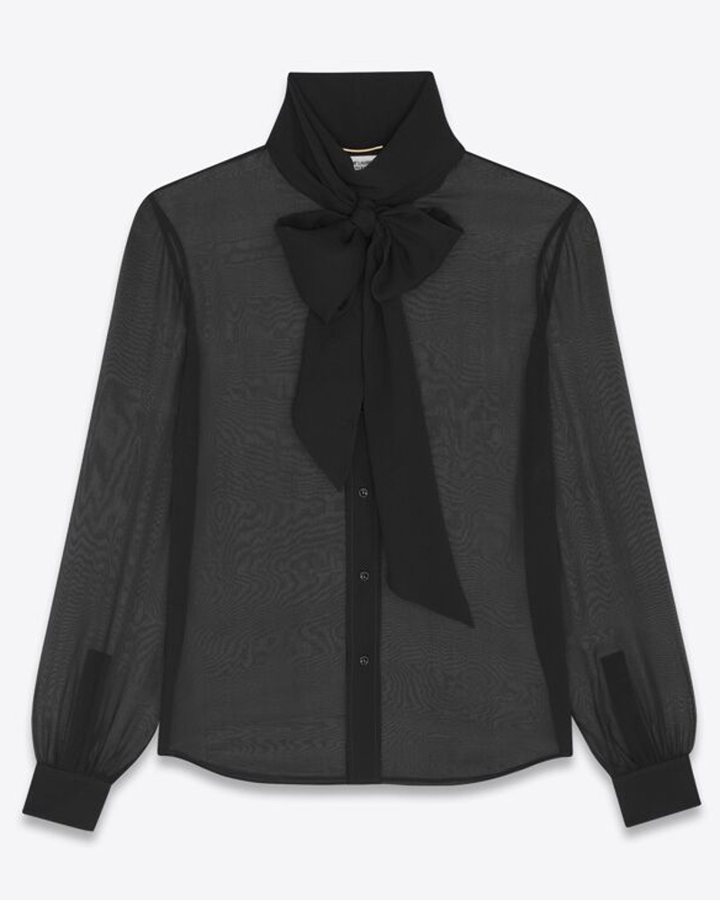 Saint Laurent Damen Bluse mit Lavallière-Ausschnitt aus Crêpe-Musselin Schwarz
