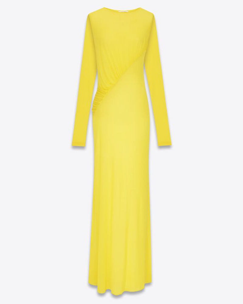 Saint Laurent Damen Langes Drapé-Kleid aus Kreppjersey Gelb GU9057 Saint Laurent Damen Langes Drapé-Kleid aus Kreppjersey Gelb GU9057