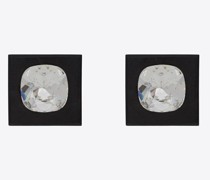 Quadratische Ohrringe aus Holz Metall mit Strasssteinen Silber