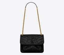 Niki Baby Tasche mit Kette aus Vintage-Leder In Knitter-Optik Schwarz
