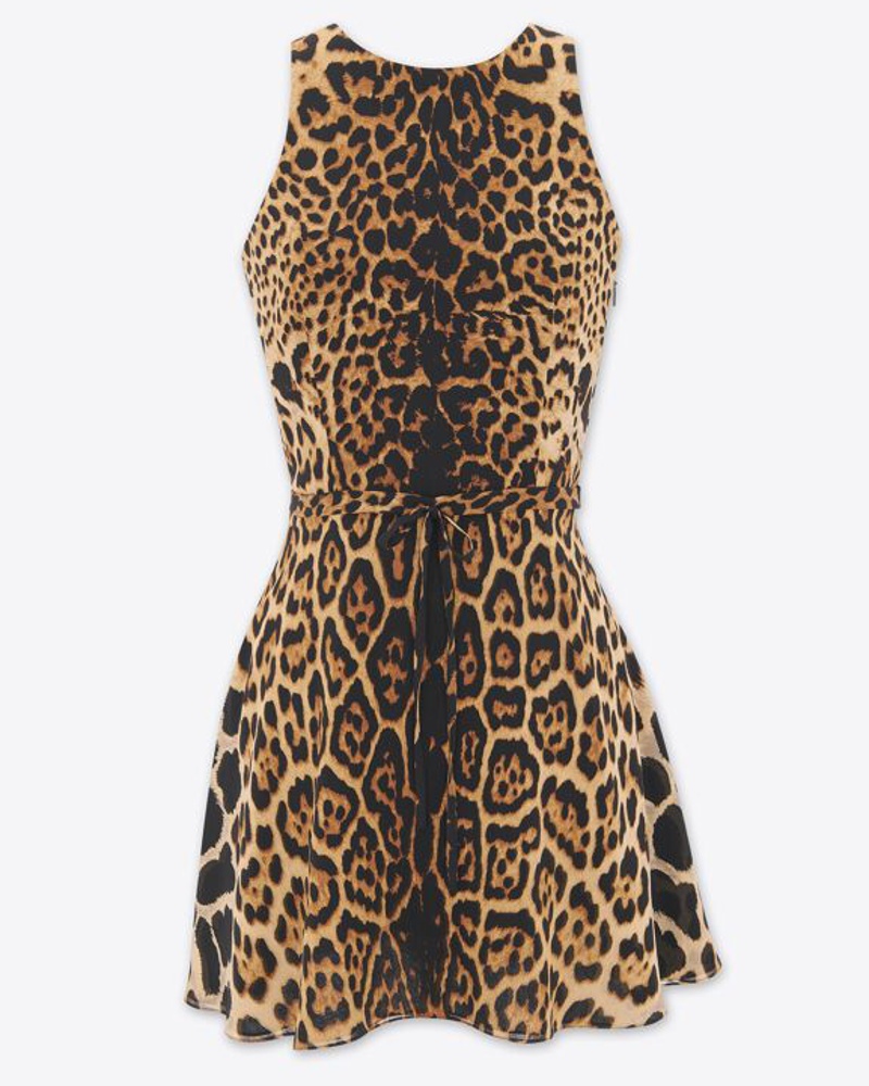 Saint Laurent Damen Neckholder-Kleid aus Seidengeorgette mit Leopardenmuster Bernstein