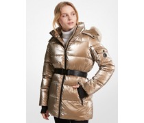 Daunenmantel aus Nylon-Ciré In Metallic-Optik mit Gürtel
