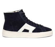 Men’s blue and white suede and leather high top double buckle sneaker