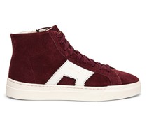 Men’s burgundy and white suede and leather high top double buckle sneaker