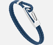 Armband Aus Geflochtenem Blauem Leder Mit Karabinerschließe Aus Edelstahl Und Blauer Lackintarsie