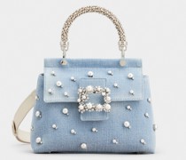 Tasche Mini Viv' Cabas Jewel aus Denim mit Flower-Strass-Pearl-Schnalle