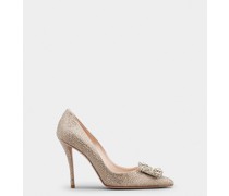 Pumps mit Flower Strass Schnalle aus Satin und All-over Strassbesatz