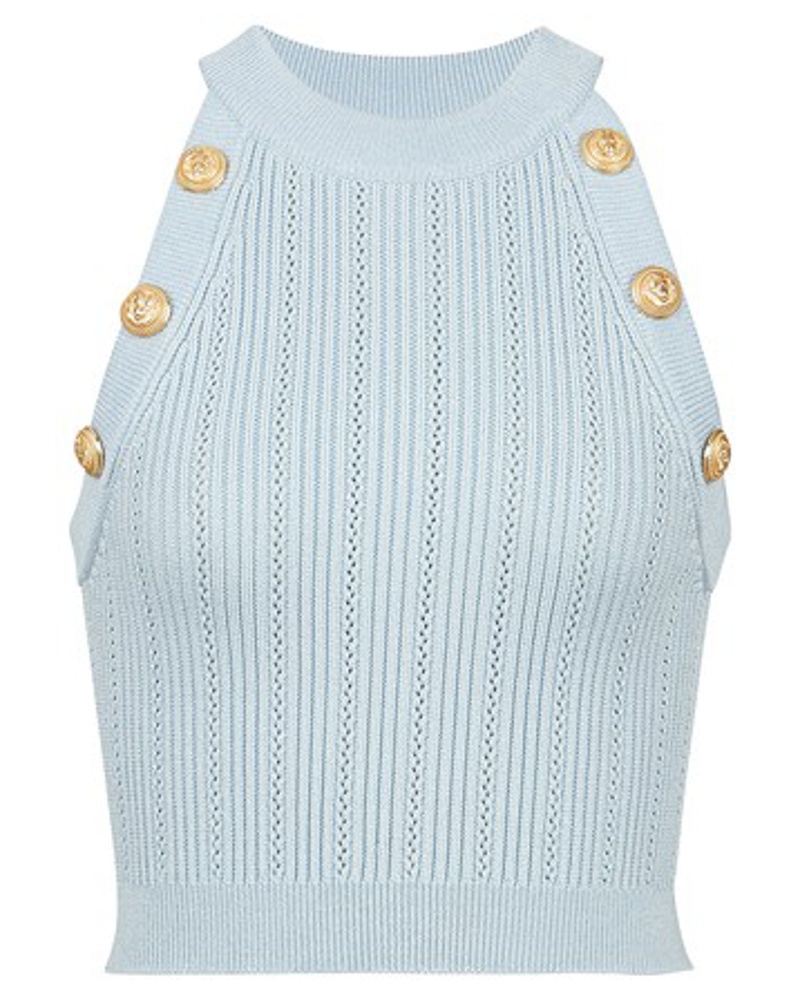 Balmain Damen Kurzes Stricktop mit goldfarbenen Knöpfen