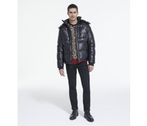 Kurze Daunenjacke aus Schwarzem Leder mit Riemen