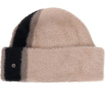 Umschlagmütze , veganes Angora, Streifen, Emblem, für Damen