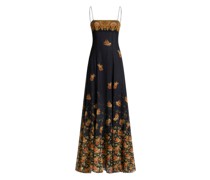 Langes Kleid aus Chiffon mit Vögeln