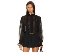 FRAME Ruffle Front Button Up Shirt in Black