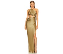 The Sei One Shoulder Cut Out Gown in Metallic Gold