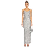 Alice + Olivia MIDI-KLEID NELLE EMBELLISHED FITTED in Metallic Silver
