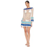 My Beachy Side Long Sleeve Hand Crochet Mini Dress in White,Blue.