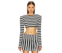 Norma Kamali Cropped Shoulder Pad Long Sleeve Crew Top in Black, White