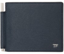 Navy Small Grain Leather Money Clip Wallet