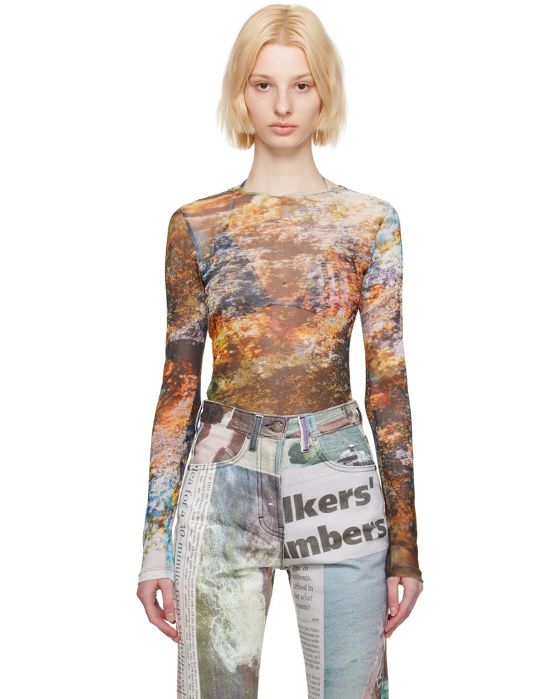 SERAPIS Damen Multicolor Semi-Sheer Long Sleeve T-Shirt