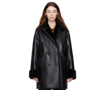 Black Double-Breasted Faux-Leather Coat