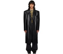 Black Notched Lapel Faux-Leather Coat