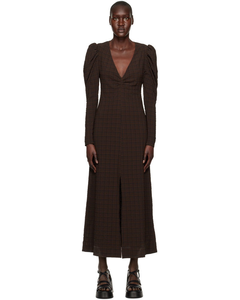 Ganni Damen Brown Check Maxi Dress