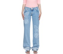 Blue Straight Embroidered Jeans