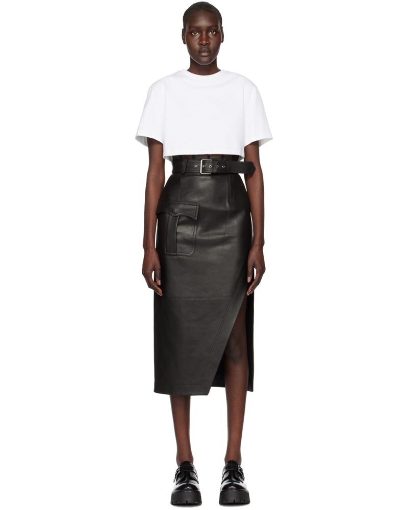 Alexander McQueen Damen Black Slashed Leather Midi Skirt