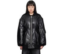 Black Insulated Faux-Leather Bomber Jacket