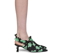 Black & Green Shirred Stretch Slingback Heels